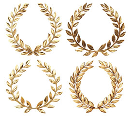 Set of golden laurel wreaths, isolated on transparent cutout background