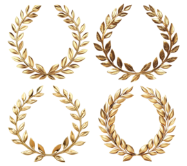 Set of golden laurel wreaths, isolated on transparent cutout background