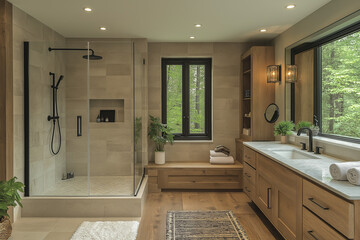 Photographie immobilière d’une salle de bain moderne avec douche à l’italienne, meuble vasque suspendu et accessoires noirs mats. HDR, 3D, design, tendance, architecte