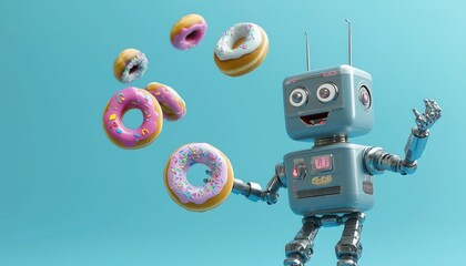 Funny Robot Juggling Colorful Donuts – creating a lighthearted sci-fi scene perfect for creative projects, advertising, and entertainment. Ultra-detailed and visuall