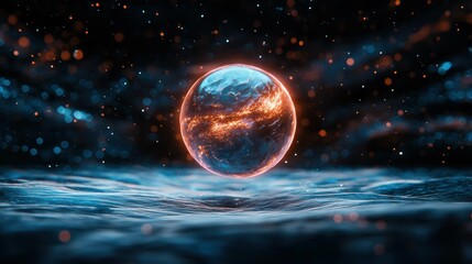 Floating sphere over muted water surface abstract art digital artwork dreamy environment cosmic viewpoint