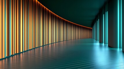 Fototapeta premium Curving corridor glows with warm amber and cool teal light creating a futuristic ambiance. AI Generated