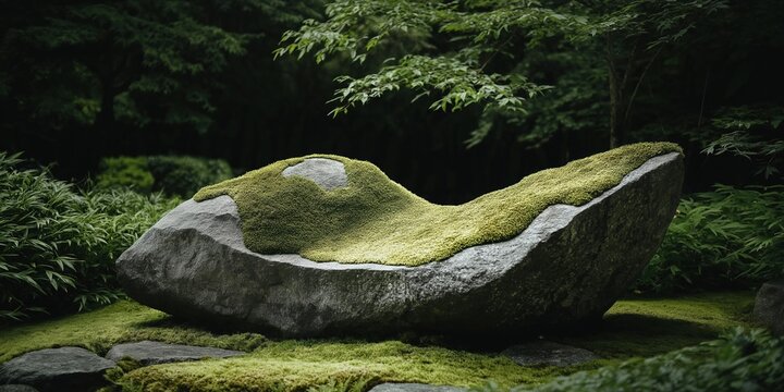 A large moss-covered rock with a natural, sculpted shape sits in a lush green garden, blending seamlessly with the surrounding foliage