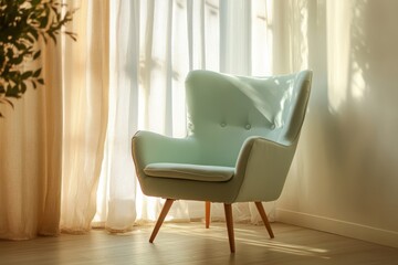 Cozy armchair bathed in gentle sunlight near sheer curtains creates a serene reading nook in a modern home