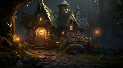 Fototapeta premium A whimsical, moss-covered cottage glows warmly in a dark, enchanting forest, evoking a sense of fairytale magic, mystery, and secluded sanctuary nestled within nature.
