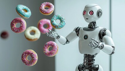 Funny Robot Juggling Colorful Donuts – creating a lighthearted sci-fi scene perfect for creative projects, advertising, and entertainment. Ultra-detailed and visuall