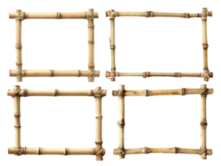 Set of natural bamboo frames with tied corners, isolated on transparent cutout background