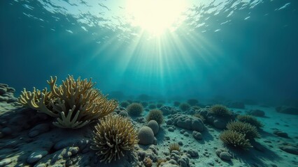 Obraz premium Sunlight beams over bleached coral reef showing marine ecosystem damage underwater 
