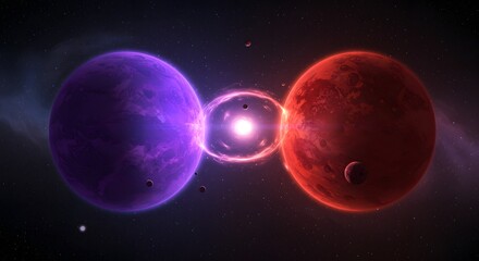Naklejka premium A cosmic illustration features two planets, one purple and one red, interconnected by a swirling energy field amid a star-studded sky, depicting celestial connection and astronomical events.