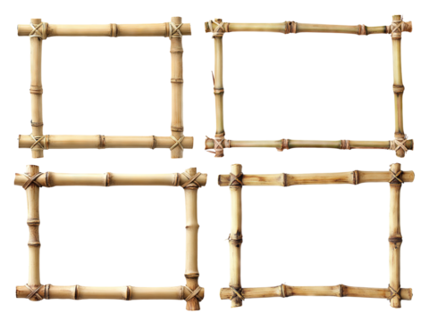 Set of natural bamboo frames with tied corners, isolated on transparent cutout background
