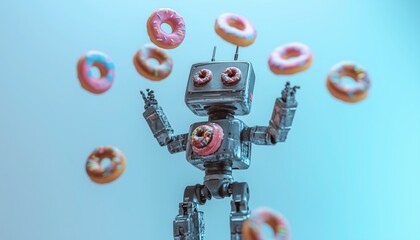 Funny Robot Juggling Colorful Donuts – creating a lighthearted sci-fi scene perfect for creative projects, advertising, and entertainment. Ultra-detailed and visuall