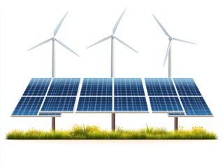 Solar farm with multiple solar panels and wind turbines in sustainable energy landscape symbolizing renewable energy integration green technology and environmental responsibility