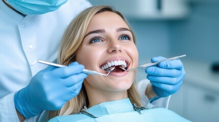 Fototapeta premium Dental checkup smiling woman in clinic calm environment positive experience close-up angle