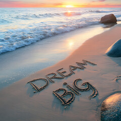 Dream Big motivational words written in sand on the beach with beautiful sunset colors