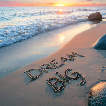 Dream Big motivational words written in sand on the beach with beautiful sunset colors