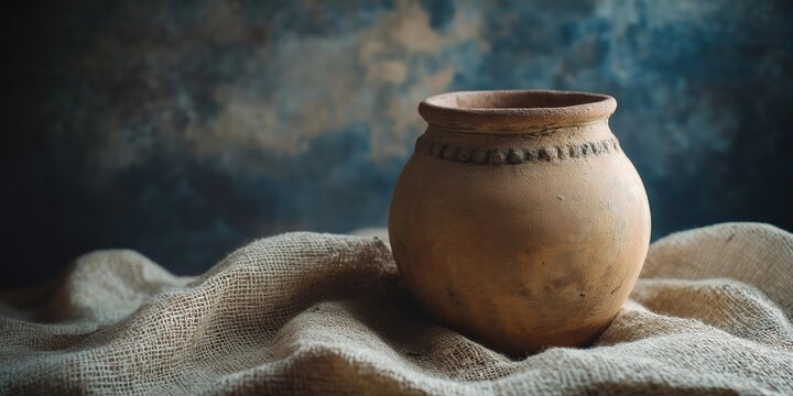 Rustic clay pot with decorative details placed on burlap fabric against a moody, textured background