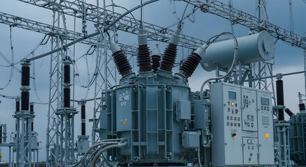 Industrial Power Transformer and Control Panel in Electrical Substation
