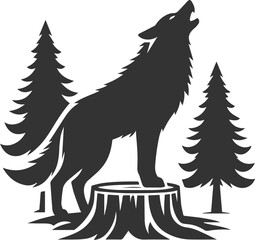A wolf howling while standing on a tree stump animal vector silhouette