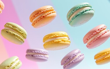 Levitating macarons in assorted colors on a pastel rainbow background