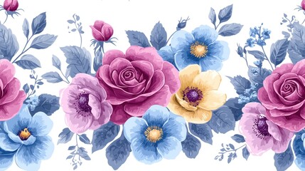 Elegant Floral Border with Pink Roses and Blue Wildflowers Illustration