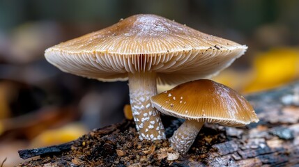 Exquisite Close-up of Two Brown Mushrooms Growing on a Log Forest Floor Nature Photography Macro Shot Tranquil Environment