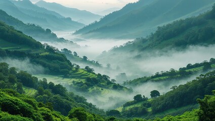 Fototapeta premium The scene captures the dense, lush green trees shrouded in a mystical layer of fog ,background,
