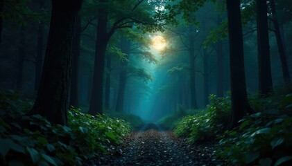 Obraz premium Dense foliage blocks moonlight from reaching path, pathway, forest foliage light blocking woodland canopy darkness, shadows