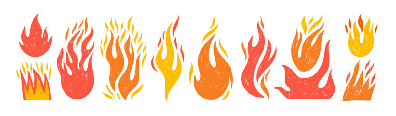 Crayon drawn red fire flames icons collection. Hand drawn doodle flames stickers. © Anastasiia Hevko