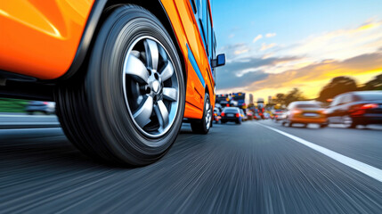 Dynamic road trip adventure with blue mini bus at sunset, perfect for travel designs and inspirational posters