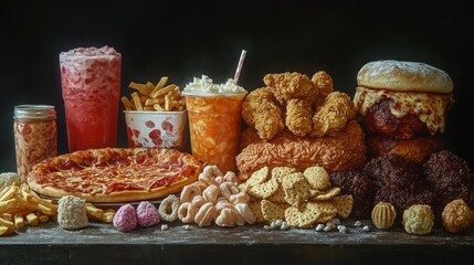 Variety of unhealthy foods on dark wooden surface with sugary drinks © MABRUR