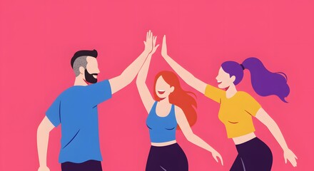 Three diverse individuals joyfully celebrate with a high-five, embodying teamwork, achievement, and positive energy against a bright pink backdrop.