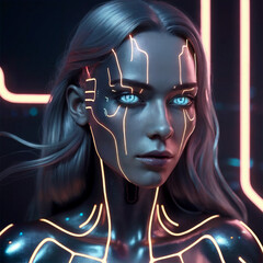 Futuristic Cyborg Woman with Metallic Face and Glowing Eyes