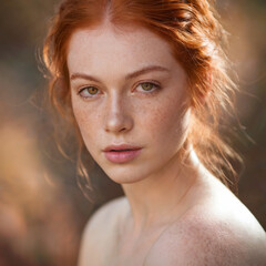 Close-Up Portrait of a Young Red-Haired Woman with Freckles in Natural Light