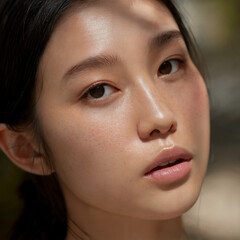 Close-Up Portrait of a Young East Asian Woman with Radiant Skin