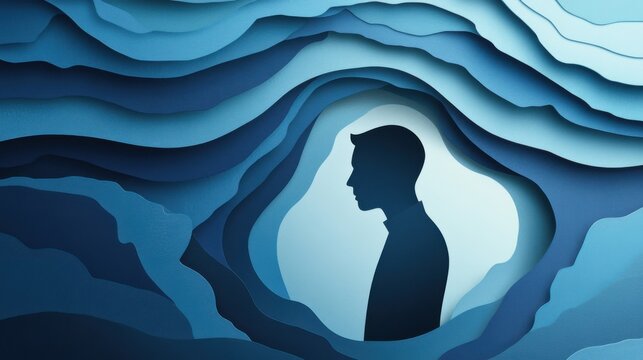 paper silhouette of man with blue waves surrounded as sign of depression, anxiety, grief, mental disorders. Rainy cloud and male person papercut illustration