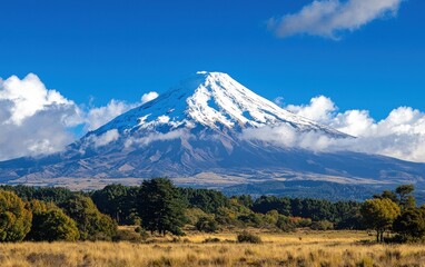 Fototapeta premium Professional stock photo of a Majestic Snow-Capped Mountain Peak Against a Blue Sky