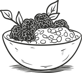 Monochrome sketch of a bowl with berries and leaves on top.