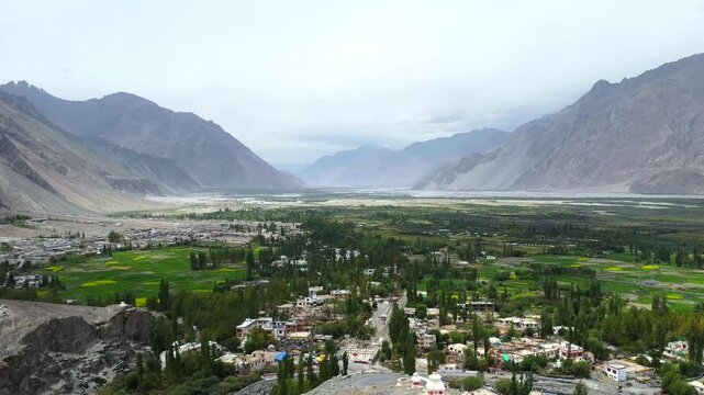 An aerial view of the Diskit village in Nubra Valley. Diskit is a village and headquarters of the Nubra tehsil and the Nubra subdivision in the Leh district of Ladakh, India.