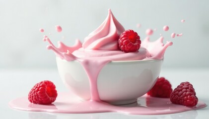 Delicate yogurt splash splashes against the stillness of pure white,, frozen raspberries, velvety yogurt