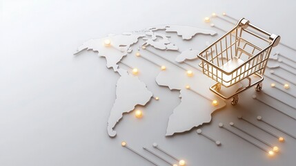 Explore a sleek ic world map showcasing illuminated digital shopping carts, symbolizing global ecommerce growth on a clean white backdrop