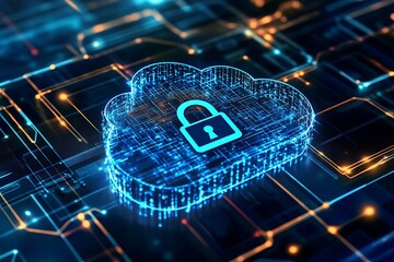 Cloud computing security, padlock protecting data in circuit board visualization