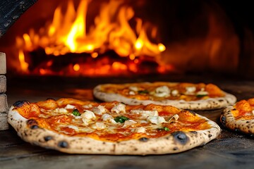 Delicious pizzas baking in a traditional wood fired oven