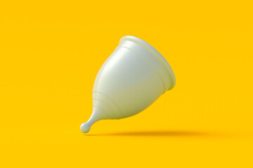 Falling menstrual cup on orange background. Hygienic product. Woman's critical period. Reusable feminine accessories. 3d render