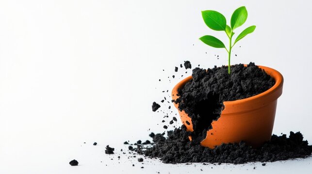 Fototapeta Growth amidst adversity: young plant thriving in cracked terracotta pot on white background for nature and resilience themes