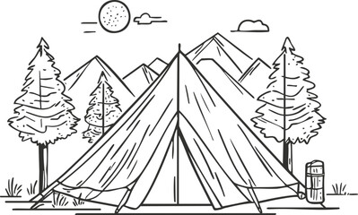Illustration of a camping tent with mountains and trees in the background.
