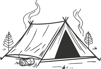 Line art of a camping tent with trees and campfire smoke.