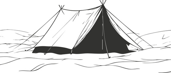 Black and white sketch of a tent in a simple outdoor setting.