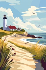 Flat vector art illustration travel poster Massachusetts beautiful sky wide angle detailed