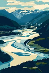 Flat vector illustration retro travel poster arial view of the beautiful squamish river in squamish british columbia