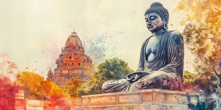 Bihar day watercolor poster illustration with buddha statue and temple.